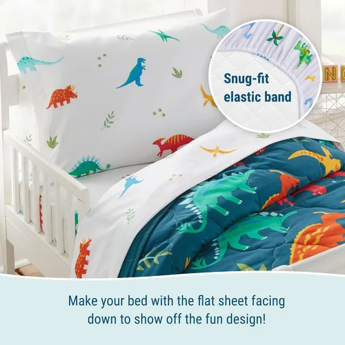 Vista 4 de Wildkin Cama para niños pequeños en una bolsa, juego de ropa de cama de microfibra de 4 piezas con edredón, funda de almohada y sábanas, dinosaurios