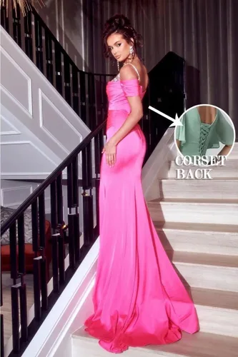 Vista 2 de Vestidos de fiesta de sirena para mujer, vestido largo de satén con cuentas y hombros descubiertos, fruncido, formal, vestido de fiesta de noche