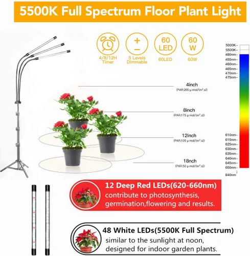 Vista 5 de GHodec Luz de Crecimiento con Soporte, 60 LED 5500K Luz de Planta de Piso de Espectro Completo para Plantas de Interior en Crecimiento, 5 Niveles