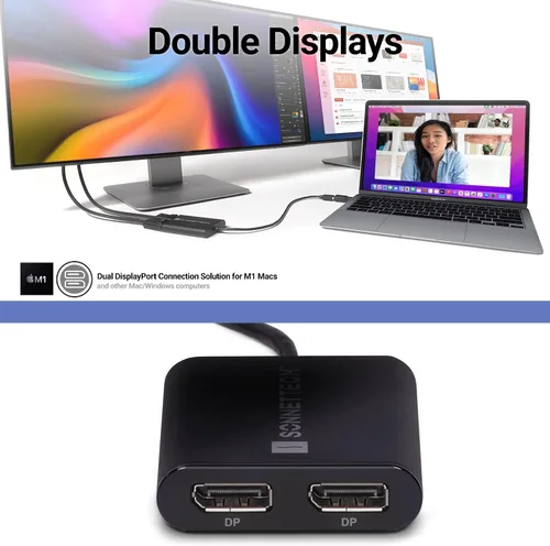 Vista 2 de Sonnet DisplayLink Dual 4K 60Hz DisplayPort Adapter - USB 3.0 y Thunderbolt - Mac y PC Salidas DisplayPort duales 4K 60Hz con adaptador USB-C