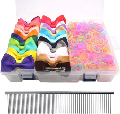 Vista 21 de YOY 20 adorables lazos para el pelo de perro con clips y 1000 bandas de goma y 1 peine de acero para peluquería, nudo superior de cachorro, moño
