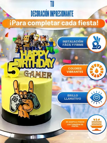 Vista 4 de Decoración para Tarta de Videojuego - Decoración de Tarta de Juego de Cartón Brillante para Jugadores, Diseño Llamativo, Instalación Firme y Fácil