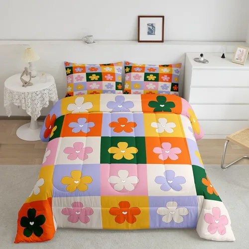 Vista 32 de Lindo juego de edredón de flores para niños y mujeres. Juego de ropa de cama de flores coloridas de dibujos animados, tamaño individual, bonito