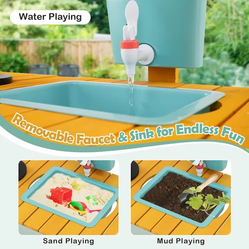 Vista 3 de Costzon Cocina de barro, banco de madera para macetas para niños con grifo extraíble, fregadero, estufas, pomos de rotación, cajas para macetas