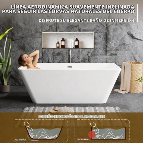 Vista 7 de Bañera independiente de acrílico de 59 pulgadas, bañera profunda para remojo, cuadrado moderno Blanco perla y blanco
