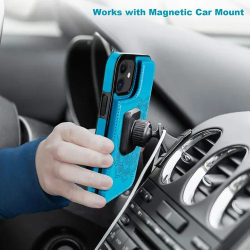 Vista 4 de Vaburs Funda compatible con iPhone 12 y iPhone 12 Pro con tarjetero, diseño de mandala en relieve de flor de piel sintética, doble botones