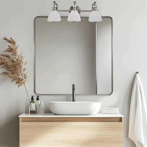 Vista 61 de Espejo de latón para baño, espejo rectangular redondeado de 22x30 pulgadas con marco de metal cepillado dorado, espejo de tocador de baño sin