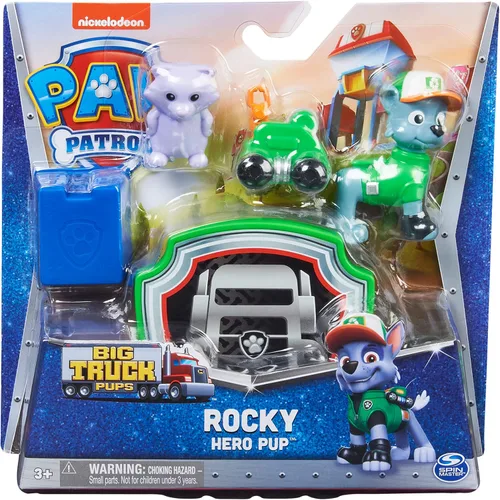 Vista 2 de PAW Patrol Big Truck Pups - Figura de acción Rocky con dron de rescate con plataforma central de comando de montaje en clic y amigo animal