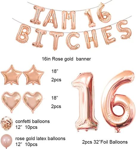 Vista 2 de Juego de fiesta de cumpleaños número 16, con la frase "I am 16 Bitches" (Soy 16 Bitches) con divertidos globos de confeti de oro rosa para niñas