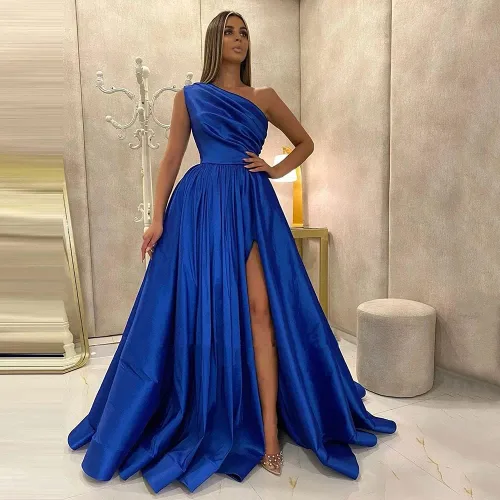 Vista 3 de XYAYE Vestidos de fiesta de satén de un hombro con abertura, vestidos de noche formales largos con bolsillos para fiesta de mujer