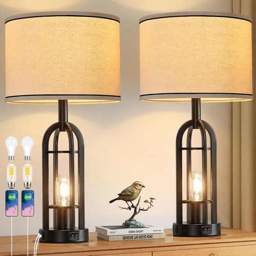 Vista 14 de SRJJA Juego de 2 lámparas de mesa negras para sala de estar, lámparas de granja para mesitas de noche con USB A+C, lámparas de noche