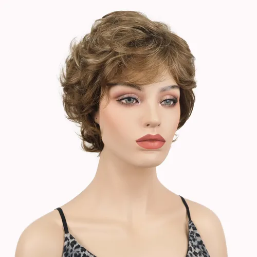 Vista 2 de Lydell Pelucas cortas y onduladas de 6 pulgadas, cabello sintético completo, estilo clásico (12TT26 marrón claro con reflejos)
