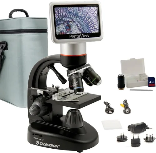 Vista 12 de Celestron – Microscopio digital LCD II – Pantalla de 3.5" – Cámara de 5MP – Aumento de 40x–1600x – Cabezal giratorio – Tarjeta SD incluida – Salida