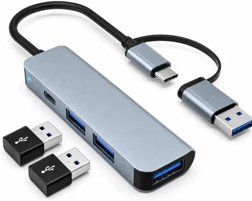 Vista 9 de Hub USB 3.0 4 puertos con USB-A/C, adaptador de aluminio de transferencia de datos de 5Gbps Expansor multipuerto ultradelgado; compatible