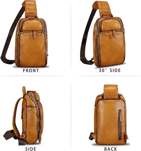 Vista 4 de Bolso bandolera de cuero genuino para hombres y mujeres, mochila bandolera de cuero vintage para iPad Pro de 11 pulgadas