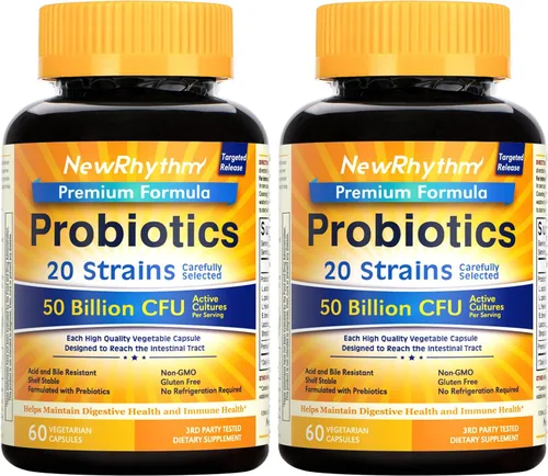 Vista 10 de NewRhythm Probióticos 50 mil millones de UFC, 20 cepas, 60 cápsulas vegetales, tecnología de liberación dirigida, resistente al ácido estomacal, sin