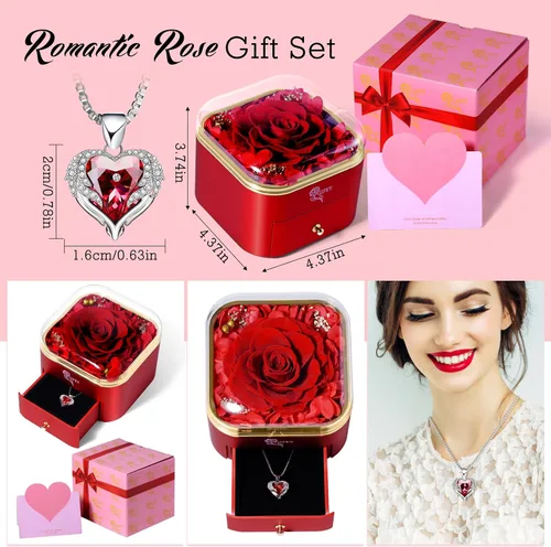 Vista 7 de Regalos para mamá de Preserved Real Rose, Collar con texto I Love You Mom en 100 idiomas, Día de la madre/cumpleaños, Regalos para el día de la Azul