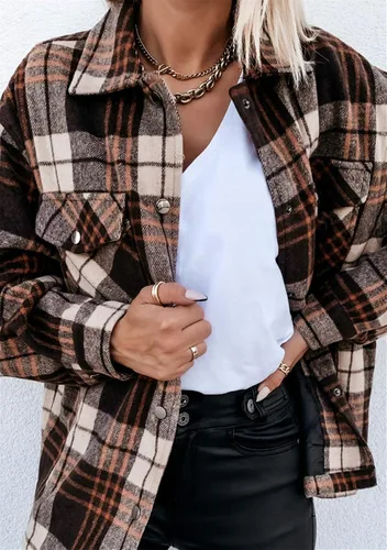 Vista 2 de Camisa de franela a cuadros para mujer, con botones, bolsillo a cuadros, casual, de manga larga Marrón