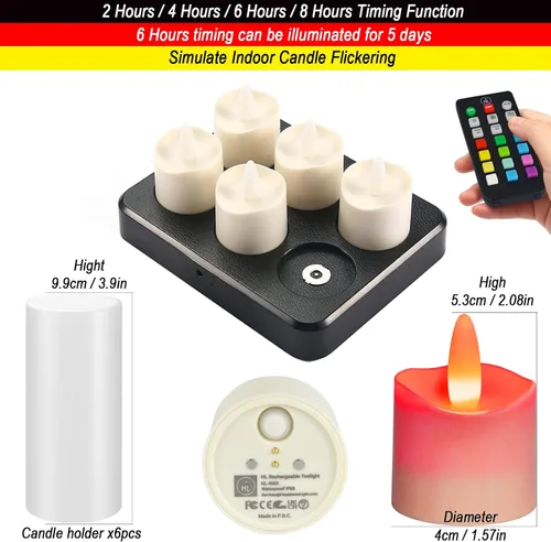 Vista 2 de HL Velas sin llama con temporizador remoto y estación de carga, más de 60 horas recargables, impermeables, para exteriores, velas de té RGB