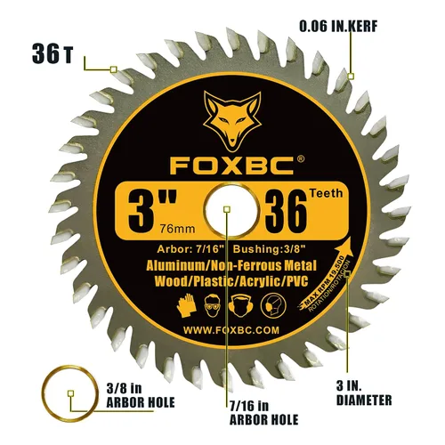 Vista 2 de FOXBC Hoja de sierra circular de carburo de 3 pulgadas, 36 dientes para madera, plástico, PVC, acrílico, aluminio con eje de 7/16", buje de 3/8