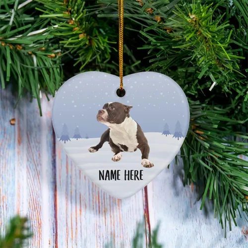 Vista 2 de Personalized Name American Bully Chocolate Fur Lying Christmas Tree Ornaments Ceramic Heart Decorations Gifts for Dog Lovers