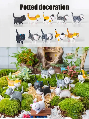Vista 3 de 9 piezas de lindas figuritas en miniatura de gatos, adorable diseño de jardín de hadas, lindos gatitos para jardín del hogar, lindos cupcakes