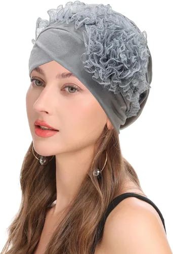 Vista 22 de ZLYC Gorro de verano para mujer, gorro elástico de quimioterapia con flores Blanco floral