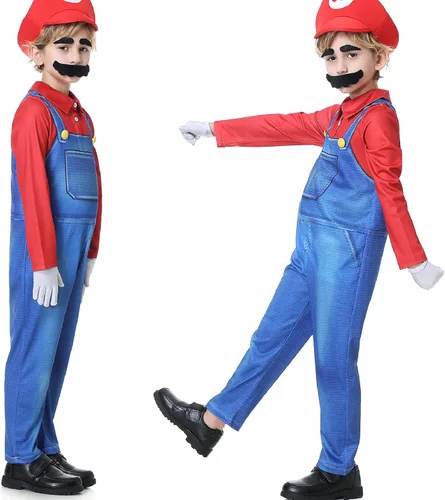 Vista 7 de Lydoesy Upgraded Super Brothers Costume for Kids Halloween Cosplay Jumpsuits with Hat Mustache Eyebrows Gloves