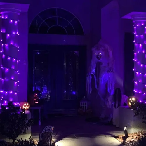 Vista 5 de Luces de Halloween púrpuras, 200 luces LED, 66 pies, enchufe con 8 modos, luces de Halloween impermeables para exteriores, decoración de Halloween