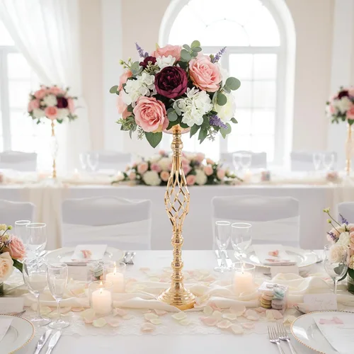 Vista 21 de 2 piezas de centros de mesa de boda para mesas de recepción, soportes de velas retorcidas, adornos, centros de mesa de metal con jarrón de flores