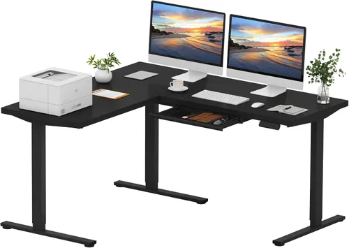 Vista 31 de SANODESK - Escritorio de pie en forma de L, altura ajustable, escritorio de esquina eléctrico, mesa de computadora ajustable de 63 x 48 pulgadas