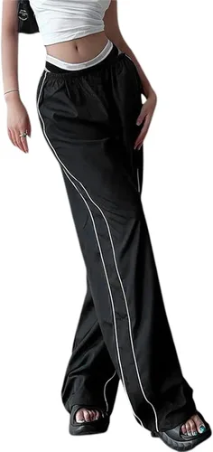 Vista 2 de KMBANGI Pantalones de paracaídas para mujer, holgados Y2k, pantalones deportivos con cintura elástica, rayas laterales, pantalones deportivos