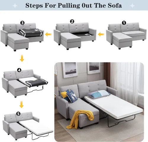 Vista 6 de LUMISOL Sofá cama modular de lino de tela en forma de L con diván de almacenamiento, 78.3 pulgadas de ancho, sofá cama pequeño convertible
