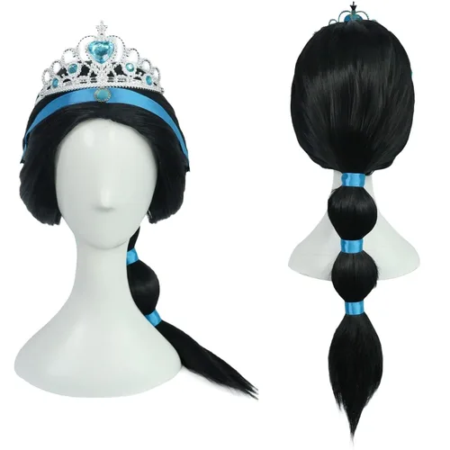 Vista 2 de Peluca larga de coleta negra para cosplay con flequillo (+ corona de princesa) para niñas pequeñas, peluca de princesa trenzada con tiara