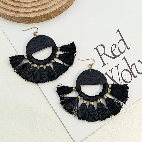 Vista 2 de COIRIS Aretes colgantes de borla de madera con círculo grande bohemio con hilo de algodón, joyería para mujer