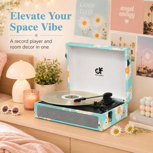 Vista 3 de Tocadiscos de vinilo Bluetooth con altavoces integrados, tocadiscos portátil vintage de 3 velocidades con auriculares de grabación USB/conector