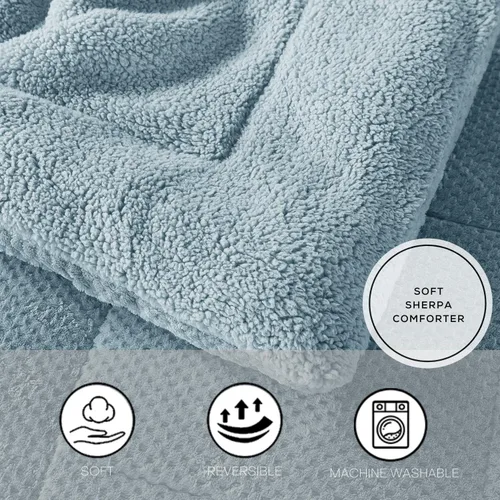 Vista 2 de KASENTEX - Edredón de lujo súper ultra suave de sherpa de pelo sintético, ropa de cama reversible apta para lavar a máquina, en color azul cielo