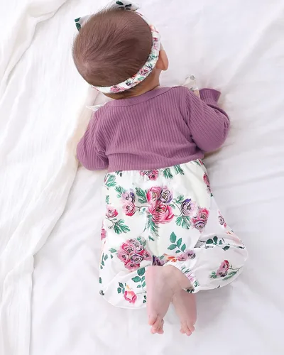 Vista 3 de KIHONI Ropa de bebé recién nacido, ropa de manga larga, trajes de niña recién nacida, overol floral con tirantes y tirantes, ropa de bebé para niñas