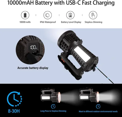 Vista 2 de VAVOFO Linterna LED recargable de 2000LM 10000mAh, linterna esencial de campamento, atenuación continua, IP66 impermeable, luz de larga duración