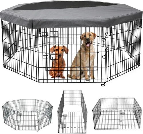 Vista 10 de PETIME - Corral plegable de metal para ejercicio de perros/Parque de juegos para cachorros con 8 paneles para interior/exterior, valla de patio