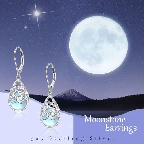 Vista 85 de Aretes colgantes de filigrana de plata de ley 925, margarita, loto, flor de rosa, piedra lunar, lágrima para mujer, nudo celta infinito, margarita