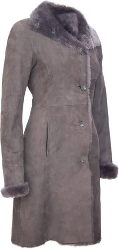 Vista 2 de Infinity Leather Abrigo de piel de oveja de gamuza merino gris con botones 34 para mujer