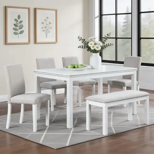 Vista 30 de LUMISOL - Juego de mesa de comedor de madera maciza con 4 sillas tapizadas y banco para cocina, comedor, sala de estar, gris plateado