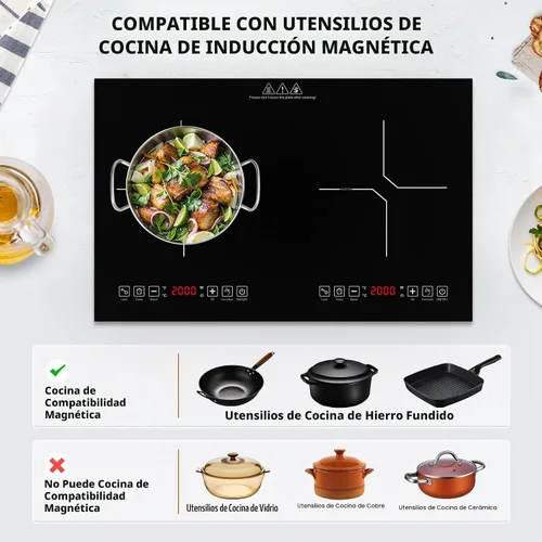 Vista 5 de VBGK Placa de cocción de doble inducción, quemador eléctrico de 110 V 4000 W, placa caliente de 2 quemadores con sensor LED táctil, ahorro