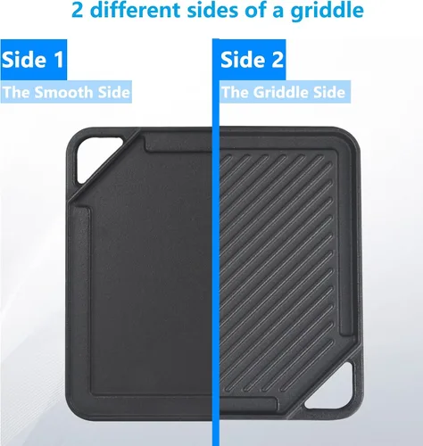 Vista 2 de GasSaf Plancha reversible de hierro fundido, sartén de doble cara perfecta para estufas y parrillas de gas, 10 x 10 pulgadas