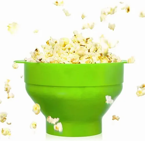 Vista 5 de Cuenco plegable de silicona para palomitas de maíz para microondas con tapa, grado alimenticio, verde, 9.4 x 7.9 x 5.7 pulgadas
