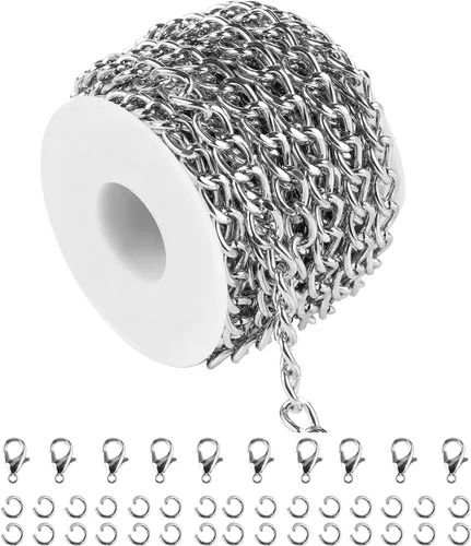 Vista 16 de 10 metros collar con colgante de papel plateado en oro, cadena de eslabones de aluminio para hacer joyas, rollo de cadena con anillas abiertas