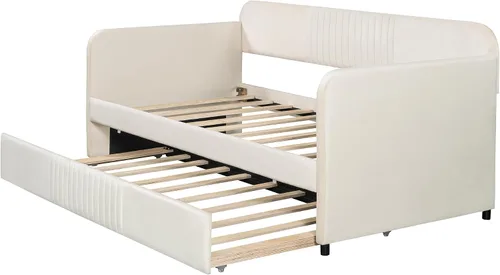 Vista 4 de Harper & Bright Designs Sofá cama tapizado tamaño individual con cama nido y listones de madera, beige