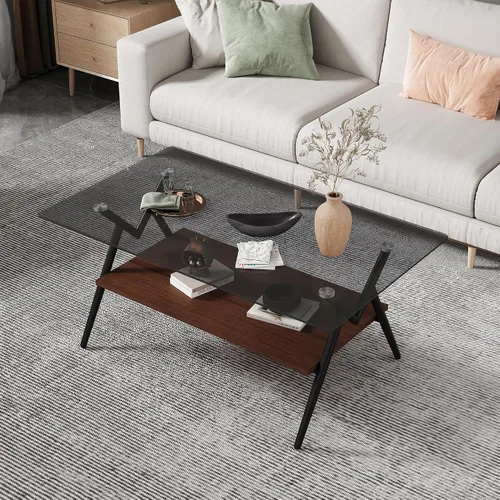 Vista 11 de Mesa auxiliar rectangular contemporánea de cristal con patas de metal cruzadas en ángulo para sala de estar, elegante mesa auxiliar de vidrio