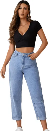 Vista 6 de SweatyRocks Pantalones de mezclilla de cintura alta enrollables y cónicos para mujer